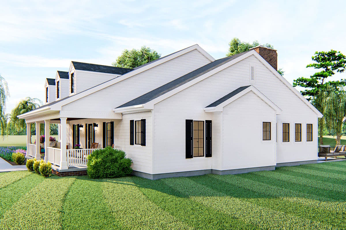 Modern Farmhouse house plan exterior with a wrap-around porch, multiple dormers, and a brick chimney.