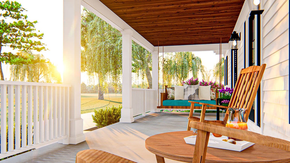 House plan exterior with a wraparound porch, wood beadboard ceiling, white railings, and a porch swing.