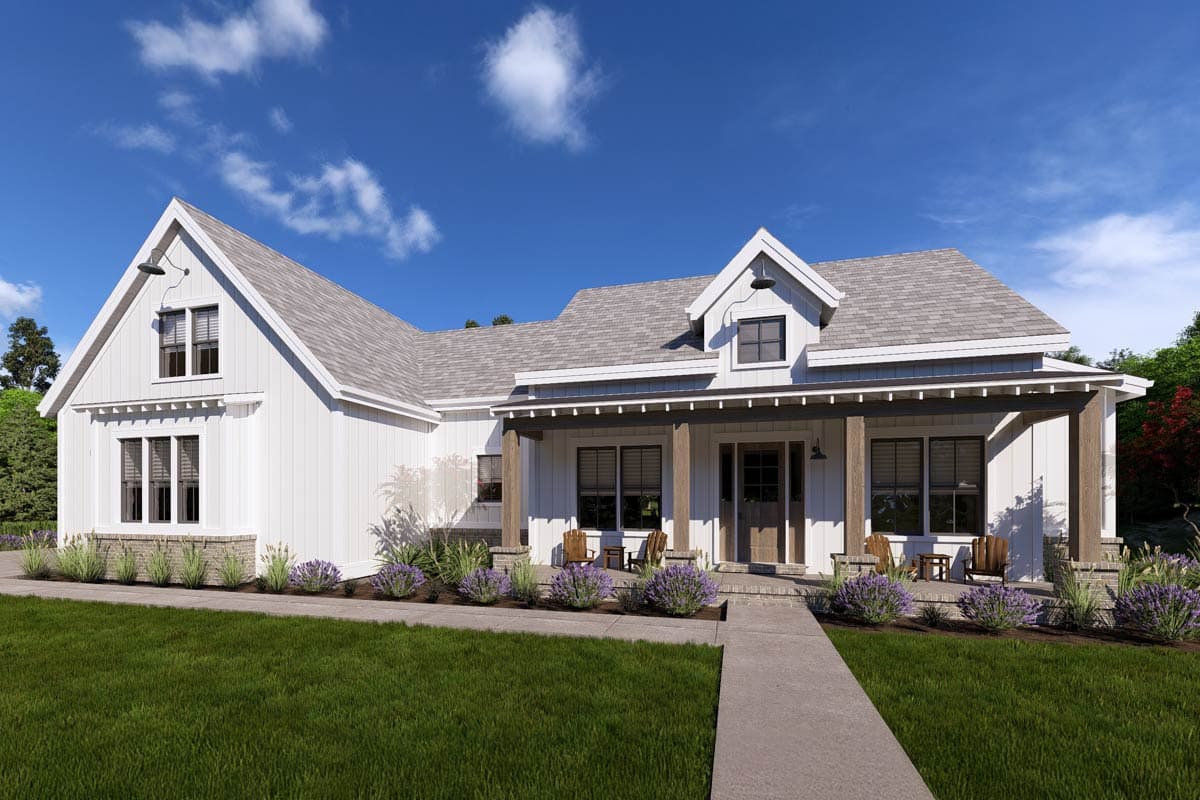 House plan exterior. Modern Farmhouse style with a single story, a covered porch with exposed beams, and multiple gables.