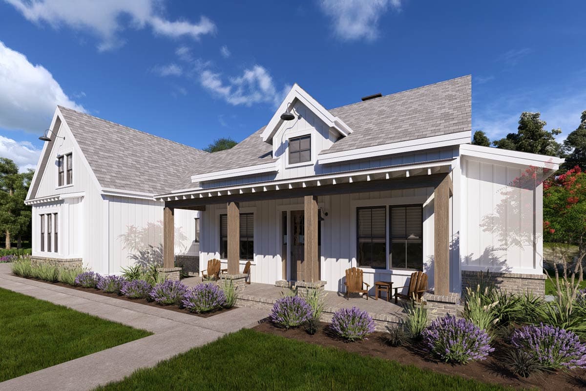 Modern Farmhouse house plan exterior with prominent gables, a deep front porch supported by timber posts, and board-and-batten siding.