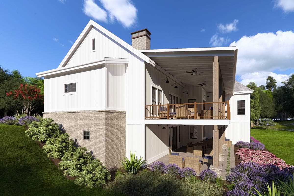 Modern Farmhouse house plan exterior with white board-and-batten siding, brick base, two-story covered porch, and gabled roof.