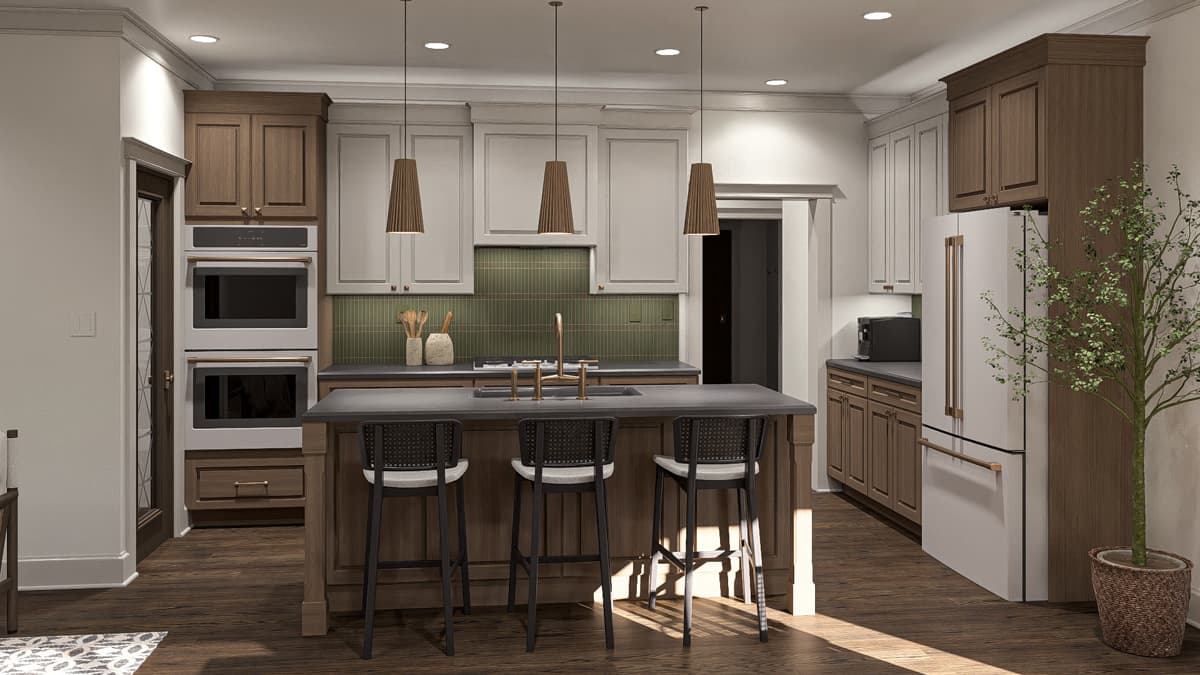 Modern kitchen interior with island, pendant lights, dual ovens, tile backsplash, and stainless steel refrigerator.