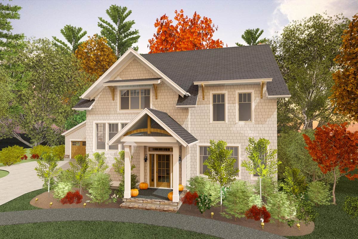 House plan exterior: Two-story modern farmhouse with front-facing gable, covered porch with exposed beams, and attached garage.