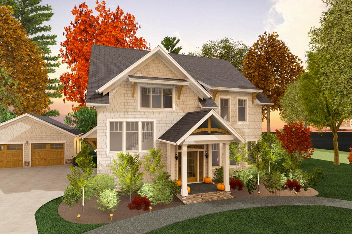 House plan exterior featuring Craftsman style, two stories, front-facing gables, a covered porch, and a detached garage.