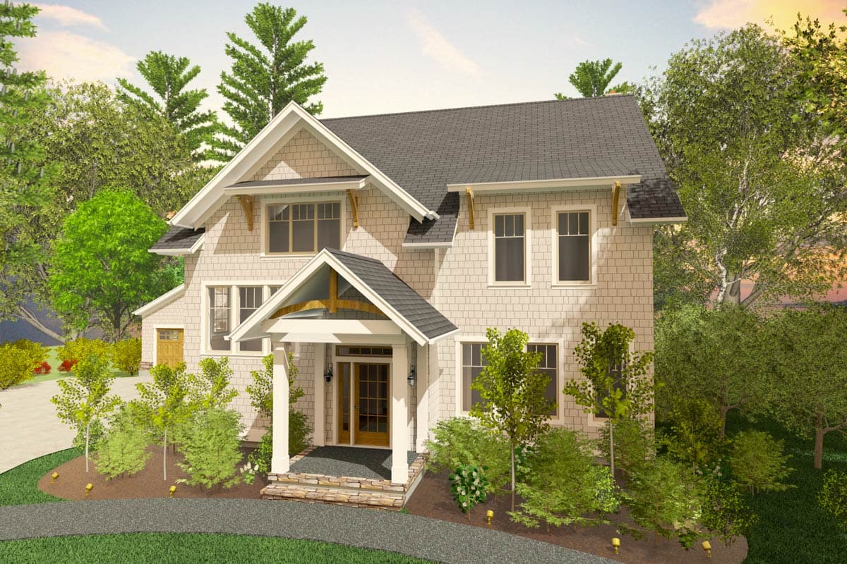 House plan exterior: Two-story Modern Farmhouse with covered entry porch, gable roof, and decorative brackets.