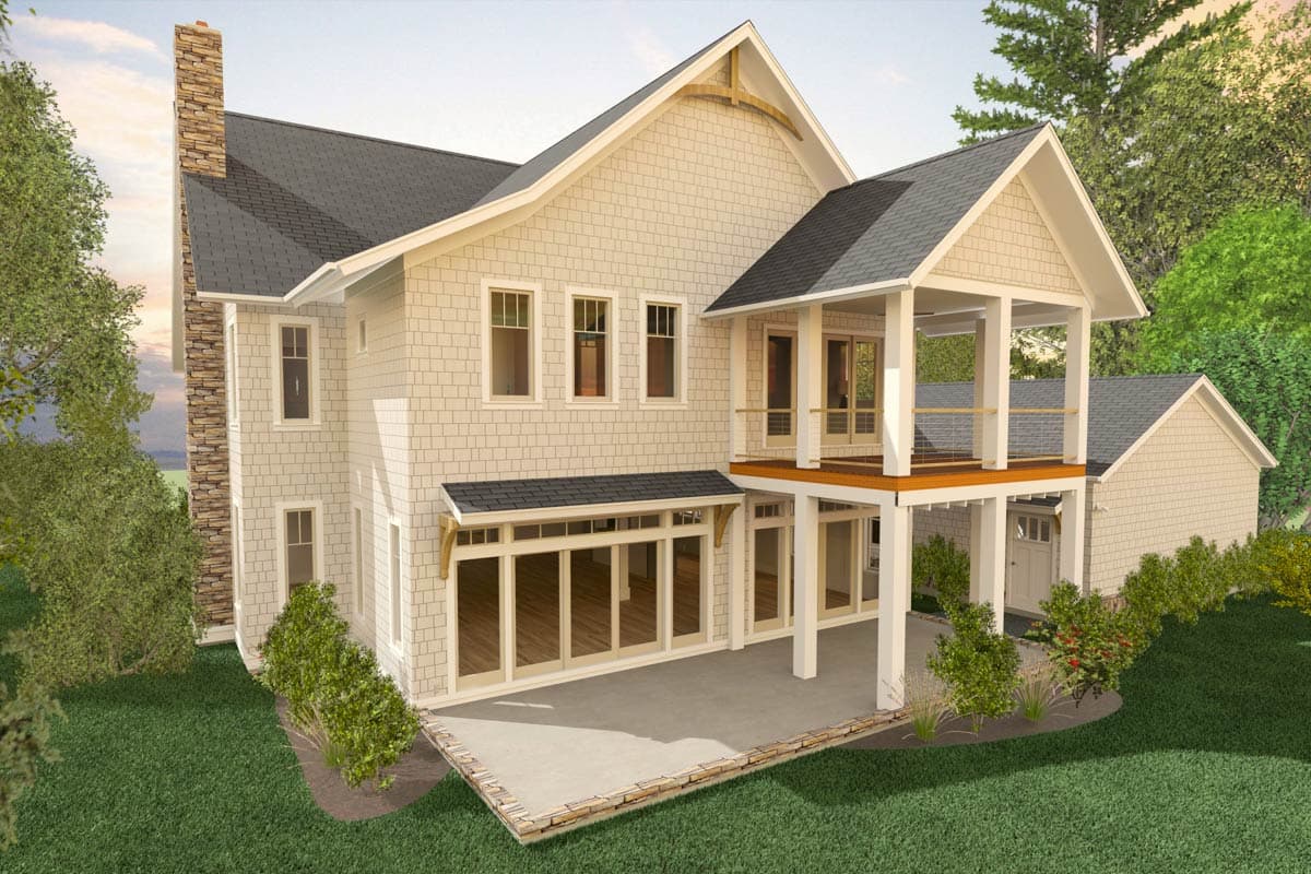 Modern Farmhouse house plan exterior with stone chimney, multiple gables, covered deck, and attached garage.