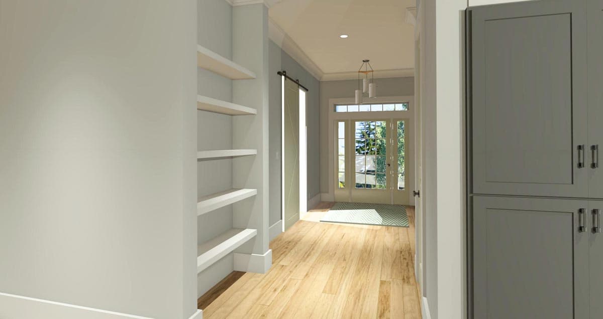 Interior rendering of entryway with built-in shelving, a barn door, and double glass doors leading outside.