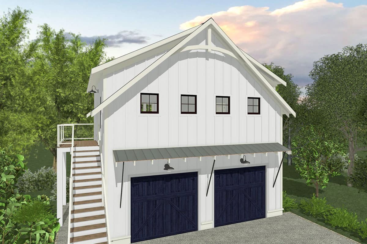 House plan exterior with two-story design. Features include a gable roof, three small upper windows, a shed-roofed canopy, and a two-car garage.