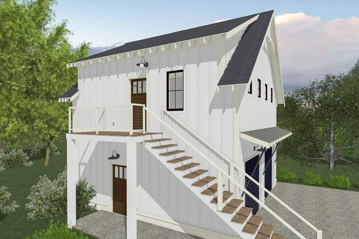 Modern Farmhouse house plan exterior with vertical siding, gabled roof, and elevated deck accessed by outdoor stairs.