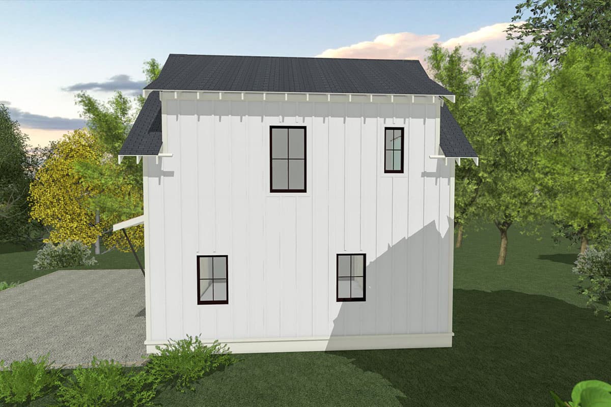 Modern Farmhouse house plan exterior with white board-and-batten siding, dark-framed windows, and a gable roof.