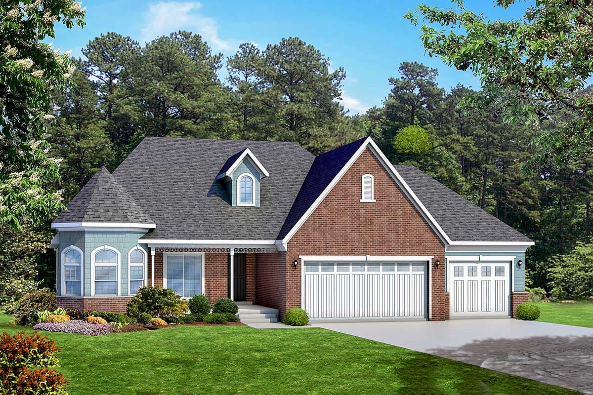 House plan exterior. Two-story home with brick and siding facade. Features include a turret, dormer windows, and a two-car garage.