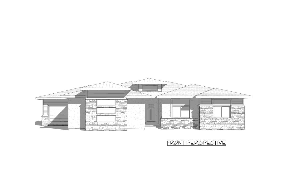 House plan exterior, one-story, modern style with stone accents, prominent gables, and horizontal siding.