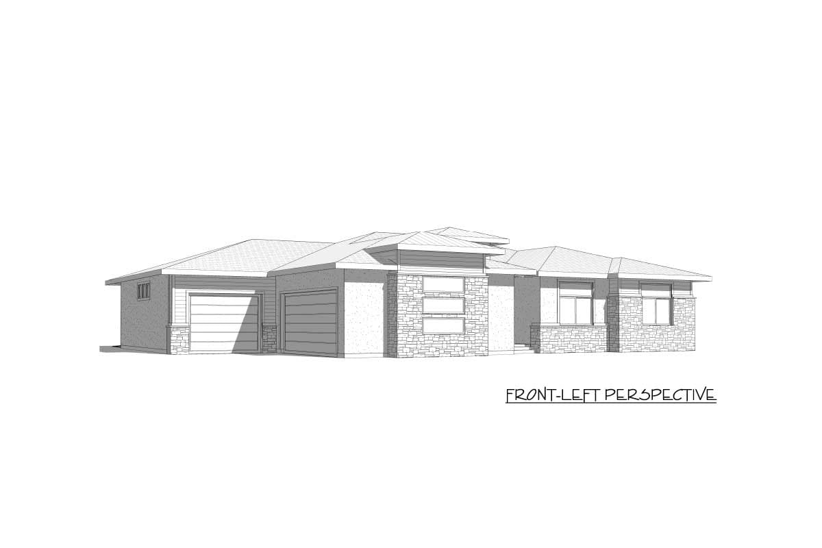House plan exterior: single-story, contemporary style, two-car garage, stone accents, and tiered rooflines.