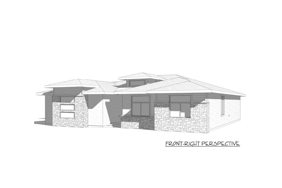 House plan exterior rendering, single-story, modern style with stone base, horizontal siding, and multi-level roof.