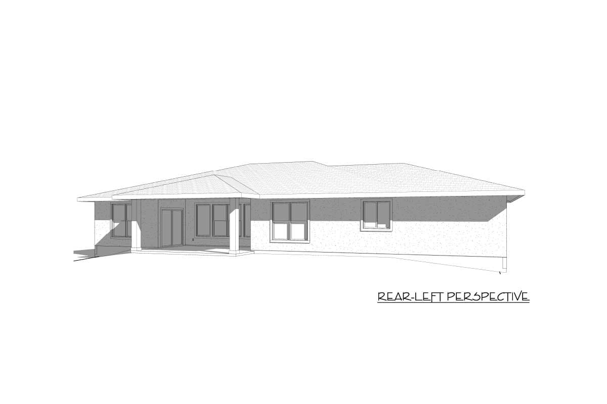 House plan exterior, single-story, ranch style, with covered rear porch, multiple windows, and hip roof.