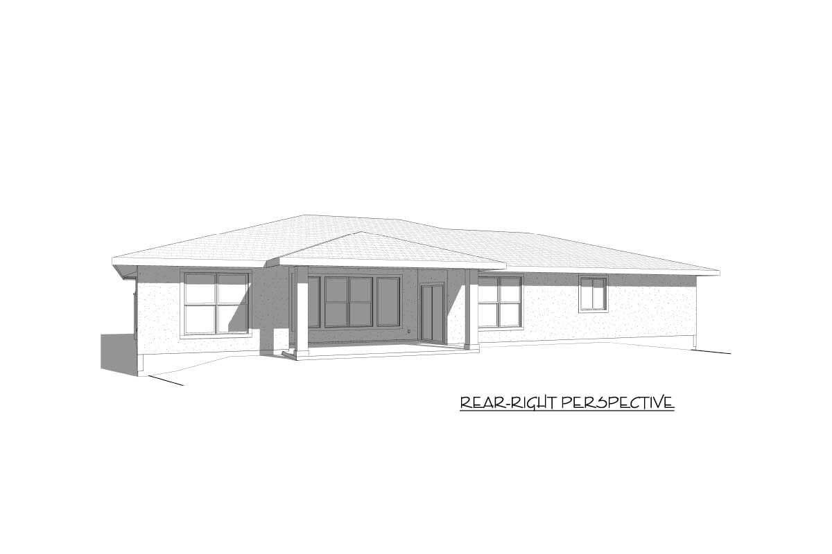 House plan exterior, single-story, with a covered rear patio, multiple windows, and a hipped roof.
