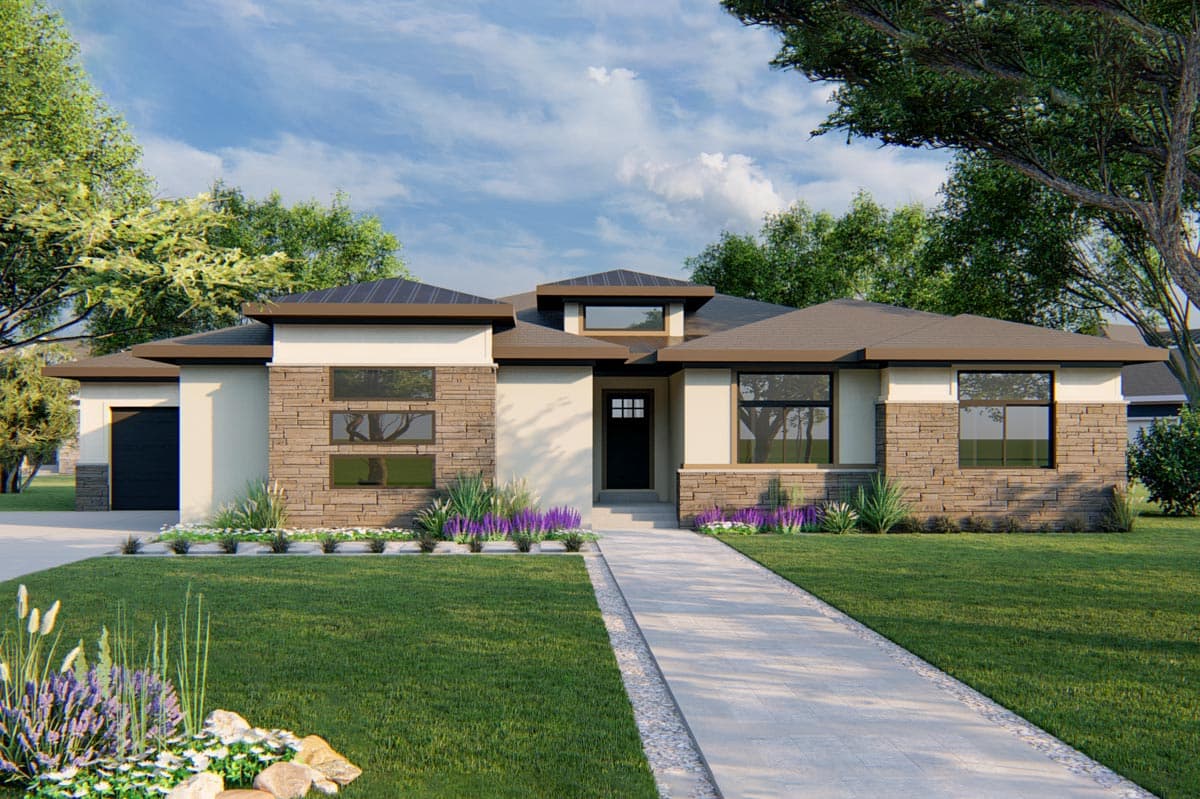 House plan exterior. Modern style, single story home with stone facade accents. Features include a low-slope roof, and garage on the left side.