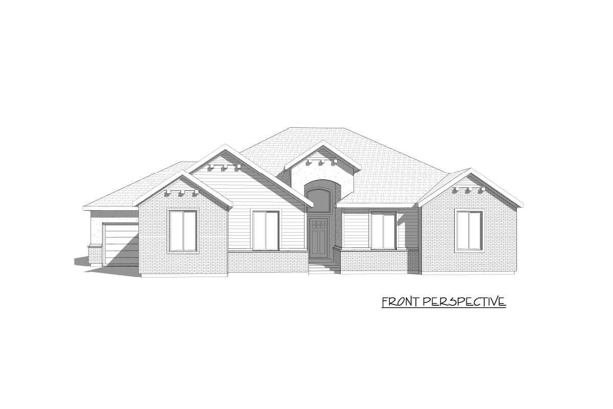 House plan exterior, one-story, gable roof, with side-entry garage and brick and siding facade.