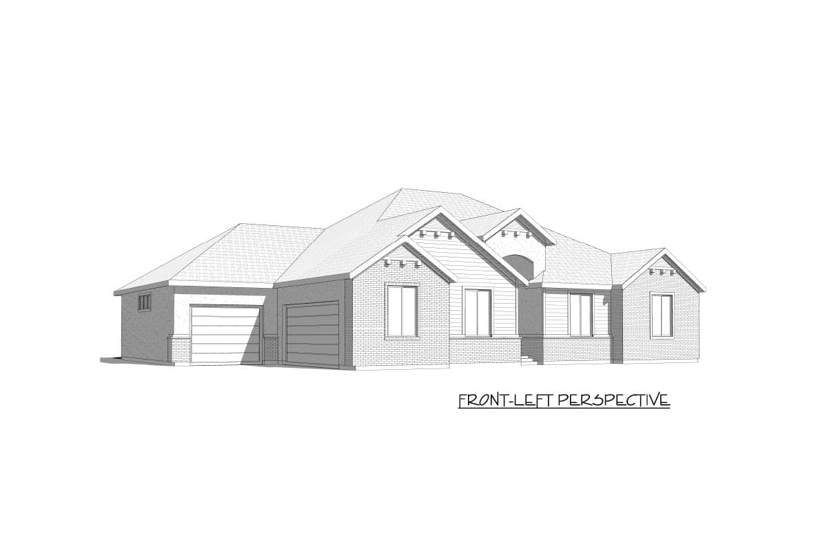 House plan exterior, single-story, with attached two-car garage, gabled dormers, and brick and siding accents.