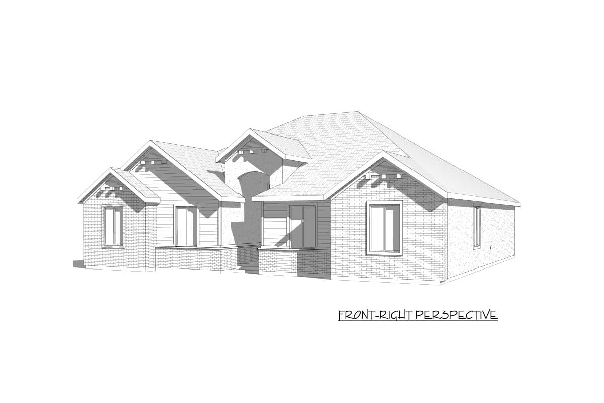 House plan exterior: Single-story home with brick and siding, multiple gables, and roof dormers.
