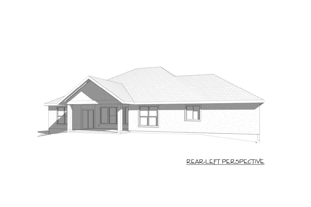 House plan exterior, one story, rear-left perspective showing covered porch, multiple windows, and gabled roof.