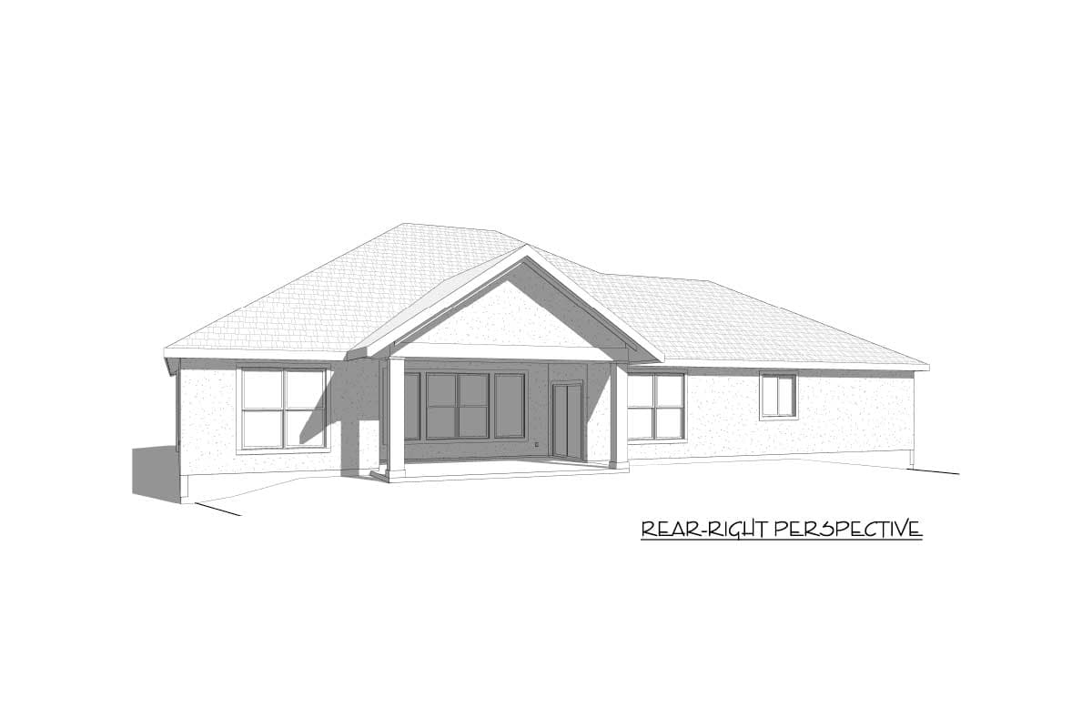 House plan exterior: Ranch style with covered rear patio, multiple windows, and gabled roofline.