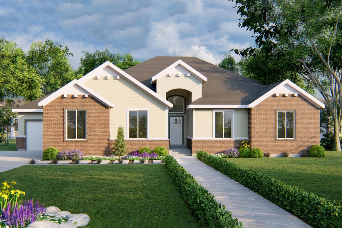 House plan exterior. Ranch style with brick facade, gable roof, arched entryway, and attached garage. Single story with walkway and landscaping.