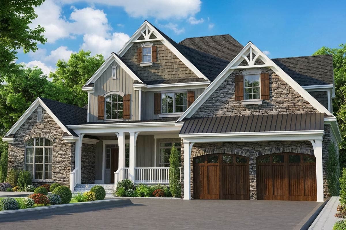 A two-story house with stone and gray siding, wood shutters, and a covered porch. The house has a two-car garage with wooden doors.