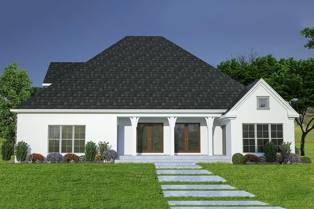 House plan exterior: Single-story home with covered porch, symmetrical windows, and prominent gables.