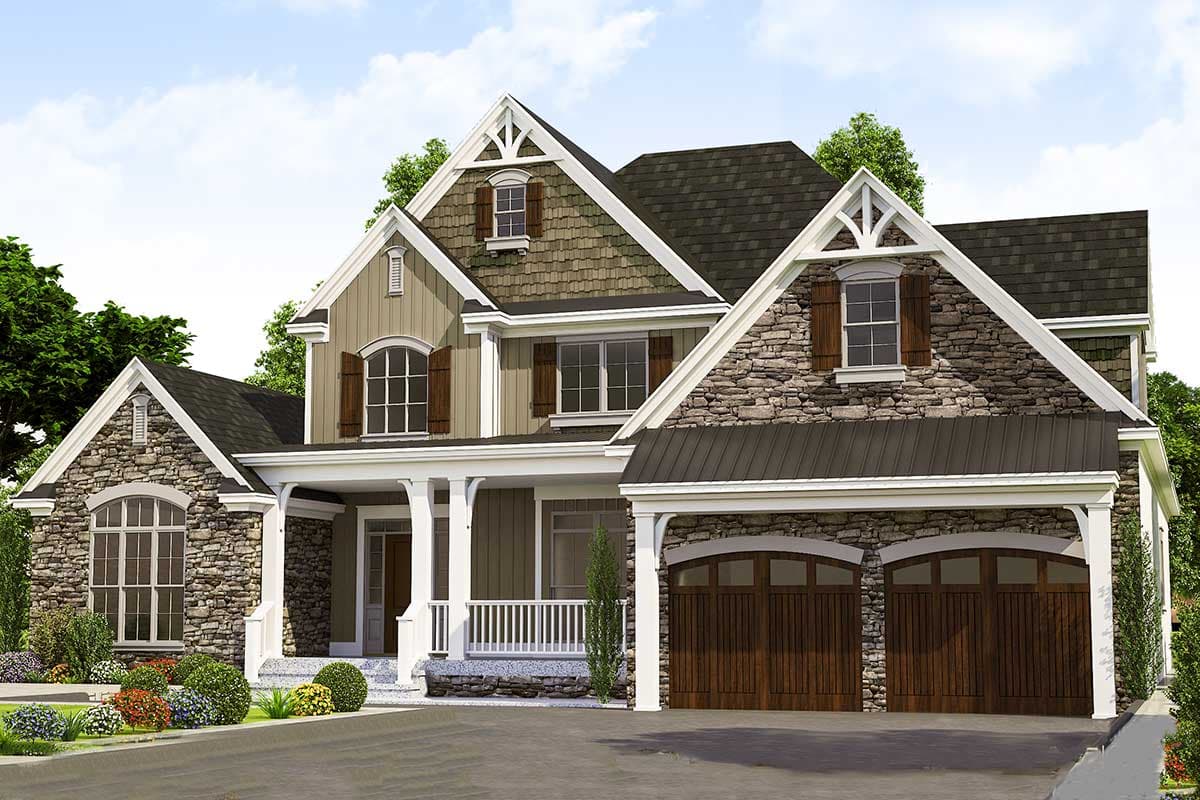 House plan exterior: Two-story home with stone and siding, prominent gables, arched windows, covered porch, and a side-entry two-car garage.