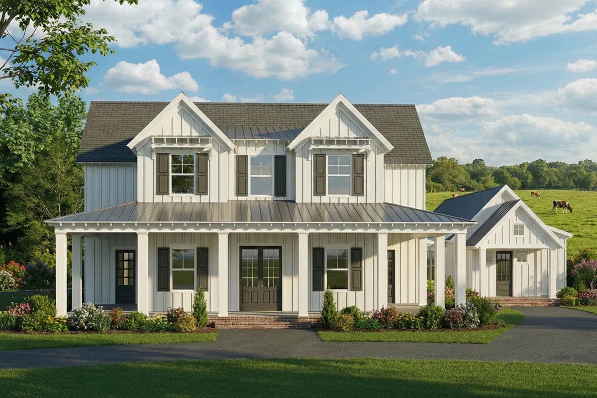 A farmhouse with a large front porch and dark shutters. The house is white with a gray roof and sits in front of a green field.