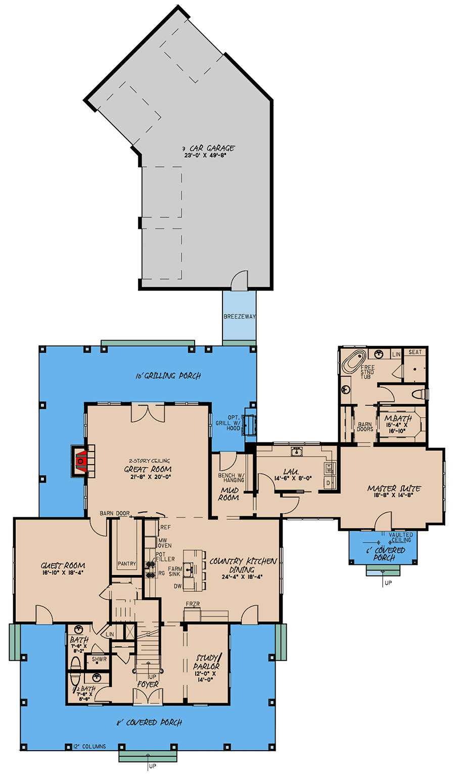 Plan 70638MK: Country Farmhouse Plan with Private Master Suite and Angled Drive-through Garage - Floor Plan - Main Level - Country, Farmhouse, Modern Farmhouse, Southern