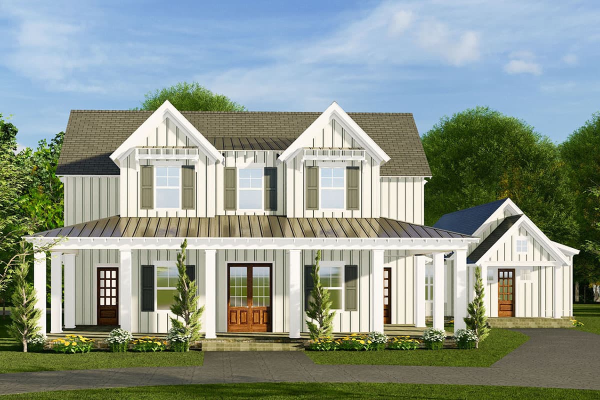 Modern Farmhouse house plan exterior with board and batten siding, prominent gables, and a deep wraparound porch.
