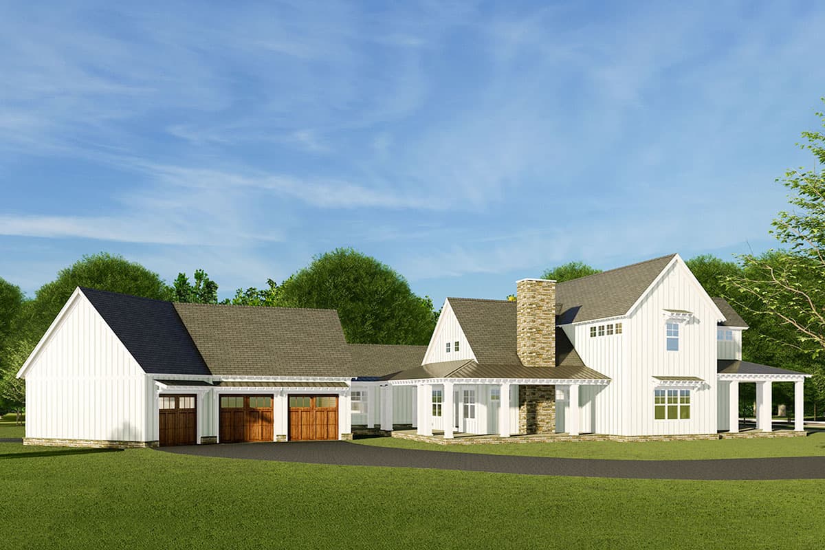 Modern Farmhouse house plan exterior with three-car garage, stone chimney, front porch, and gables.