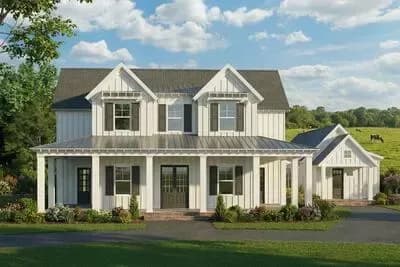 Country Farmhouse Plan with Private Master Suite and Angled Drive-through Garage