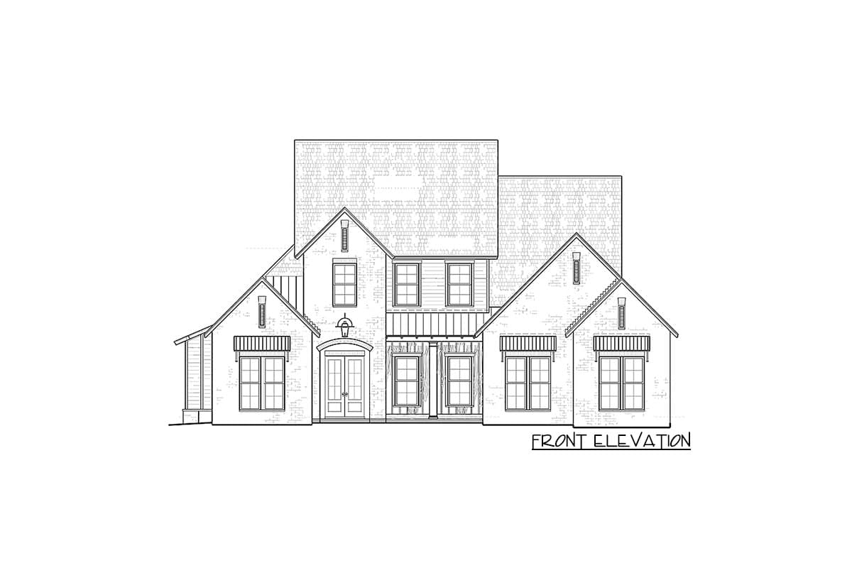 Front elevation drawing of a two-story house plan with a central gable, covered porch, and brick facade.