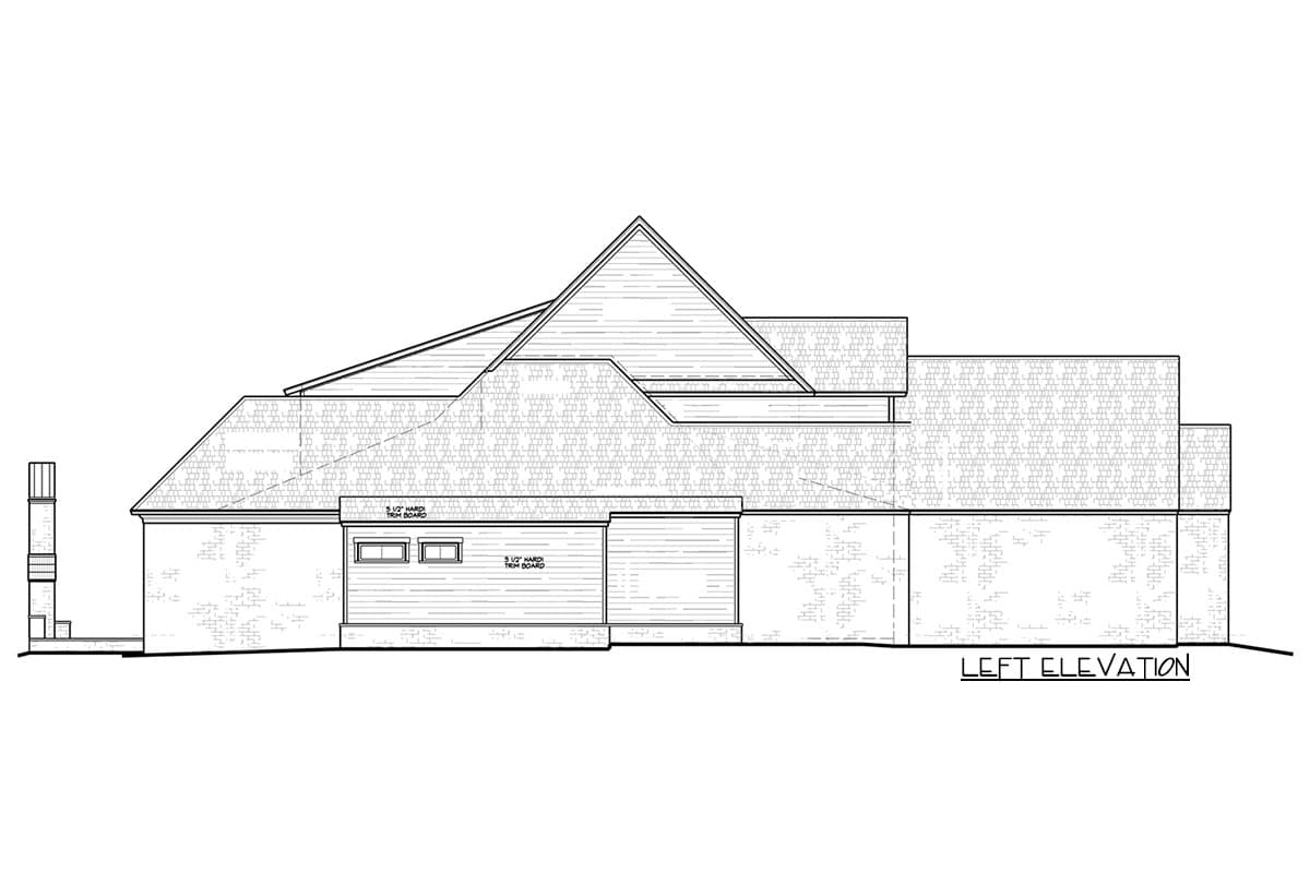 Left elevation house plan drawing showing multi-level rooflines, brick exterior, and horizontal siding.