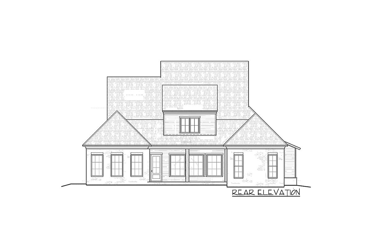 Rear elevation drawing of a two-story house plan with multiple gables, a dormer, and a covered patio.
