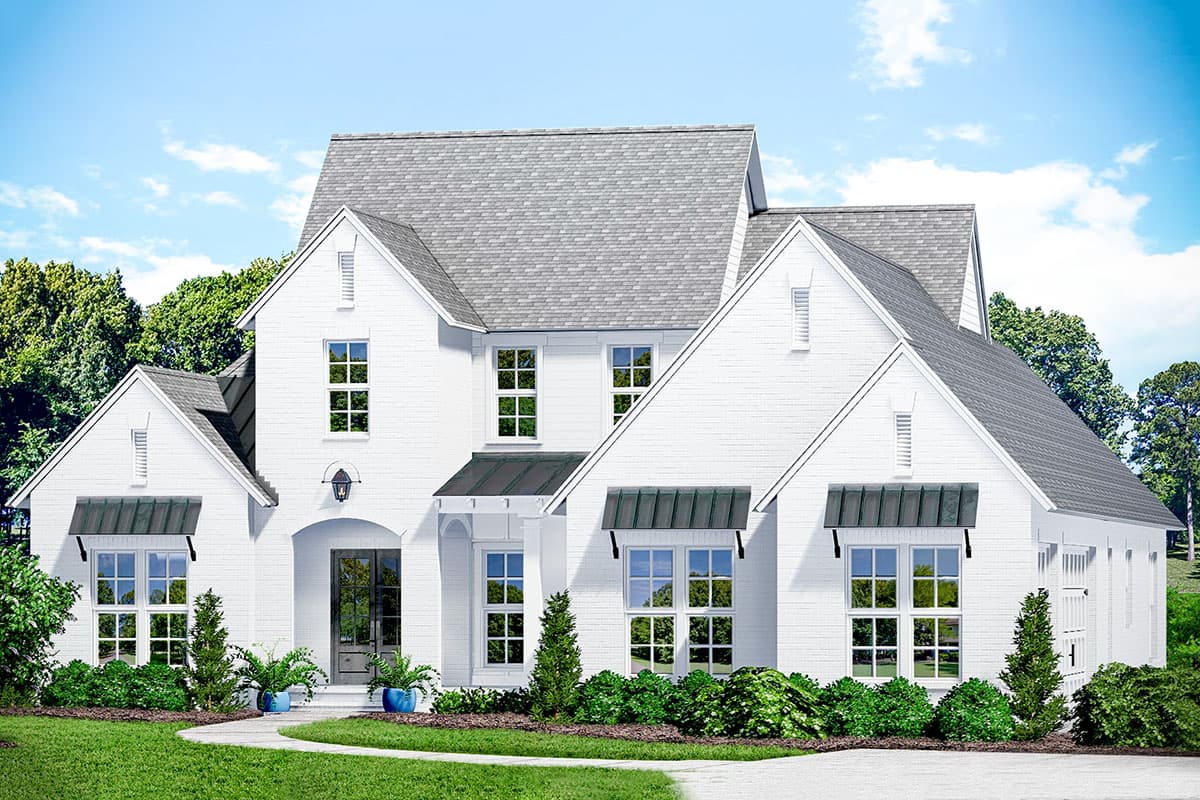House plan exterior: two-story modern farmhouse with brick facade, gables, dormers, and metal awnings over windows.