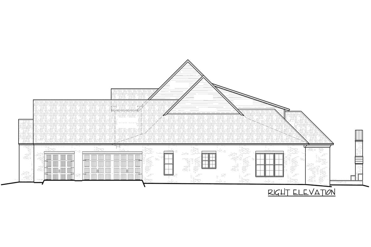 Right elevation of a house plan showing a brick exterior, a side-entry three-car garage, and varied rooflines.
