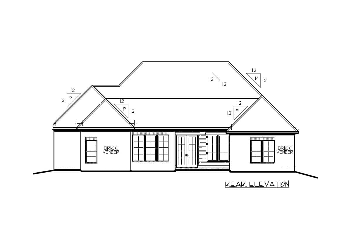 Rear elevation drawing of a house plan with brick veneer, double doors, and multiple windows.