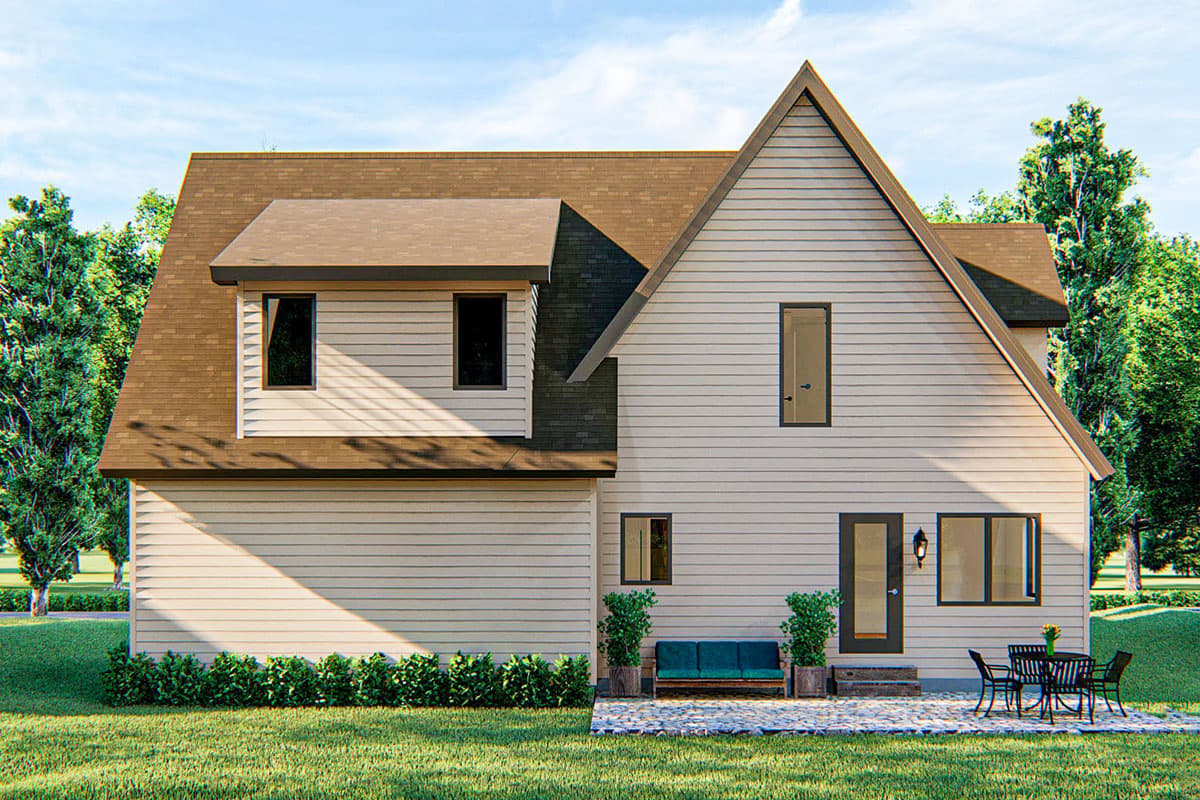 House plan exterior: Two-story Modern Farmhouse with gabled roof, dormer window, and horizontal siding.
