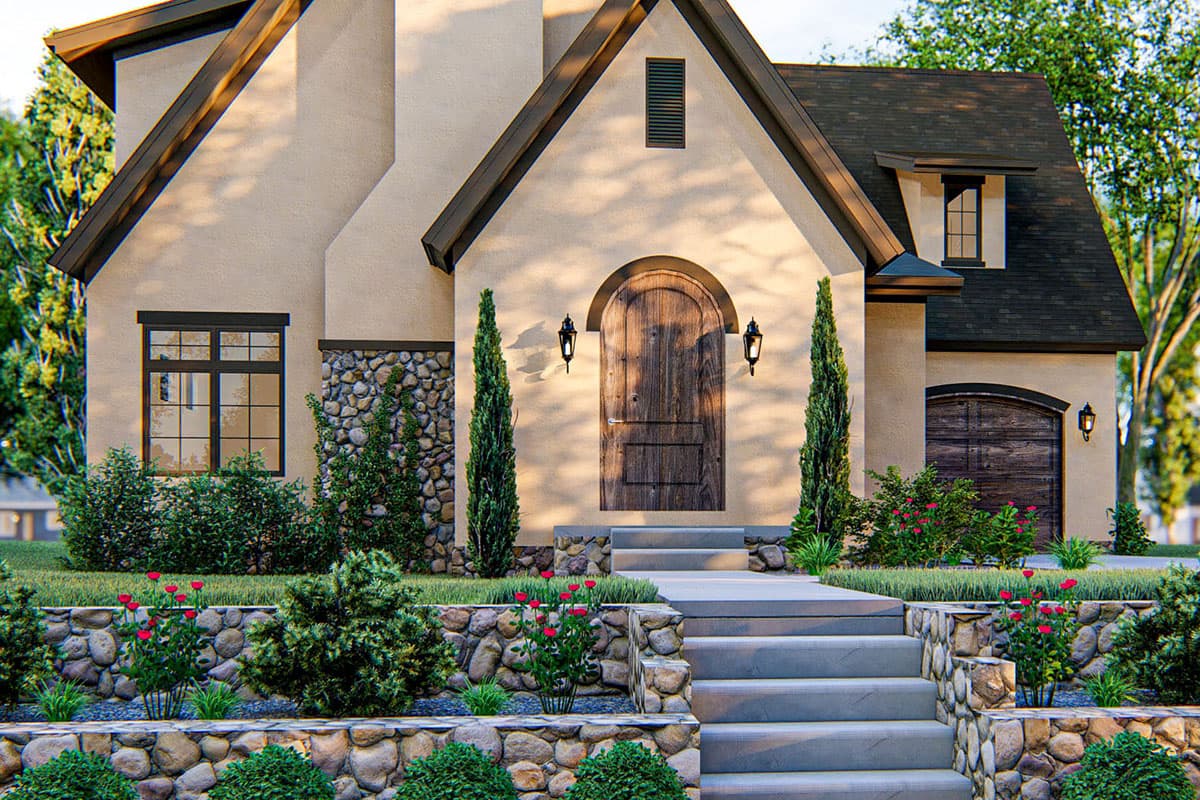 House plan exterior with stucco walls, stone accents, arched wooden door, gabled dormer, and attached garage.
