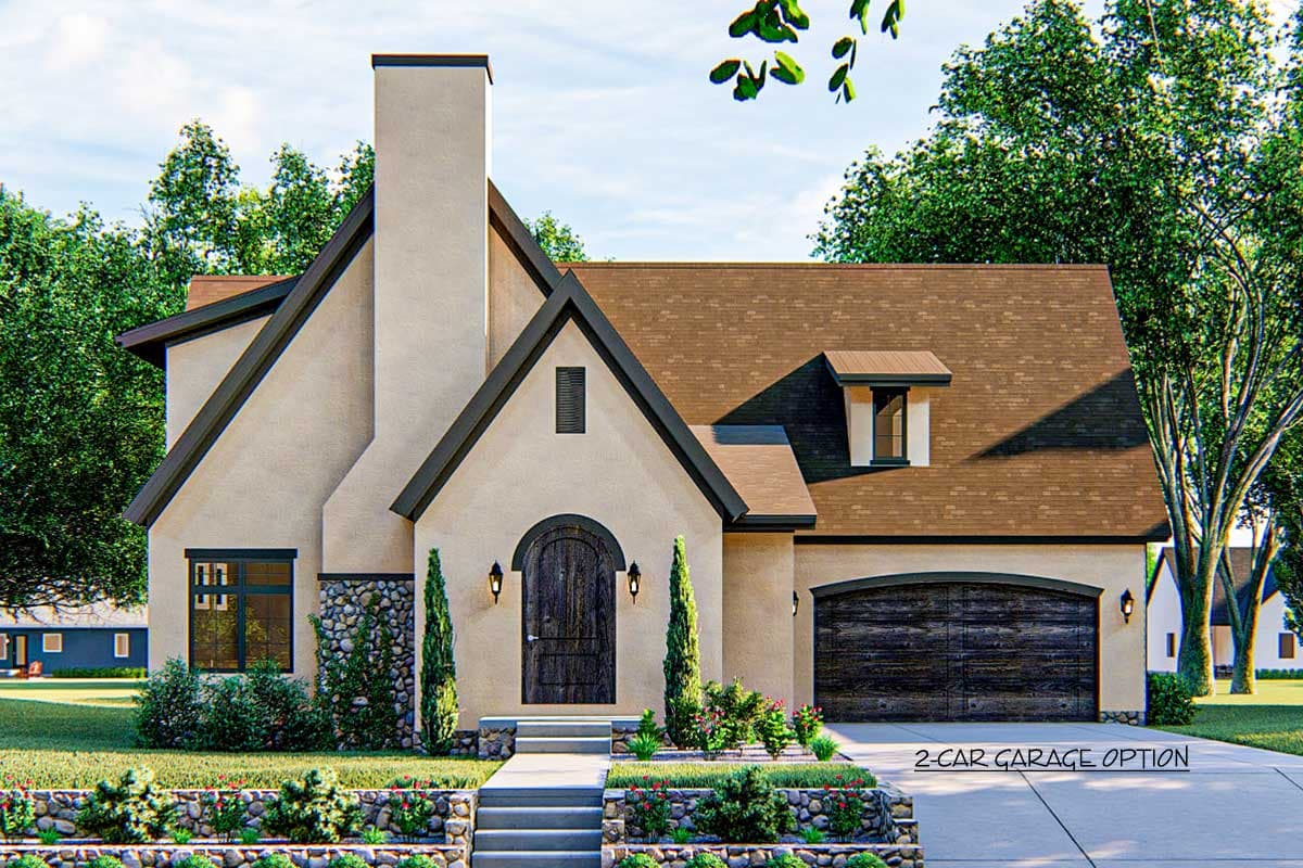 House plan exterior featuring stucco walls, a prominent stone chimney, arched entry, and a two-car garage.