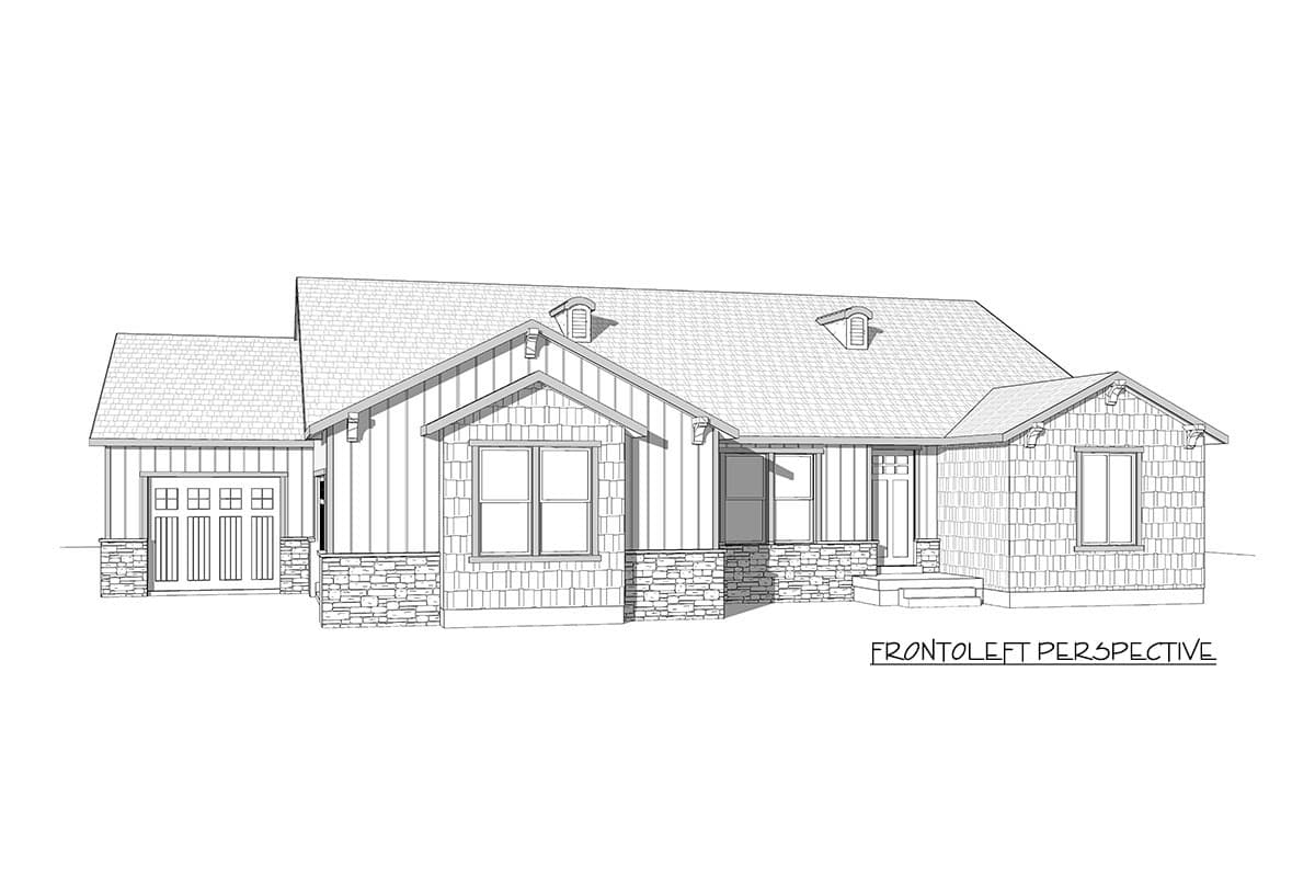 House plan exterior, one-story Modern Farmhouse with attached garage, front porch, dormers, and stone accents.
