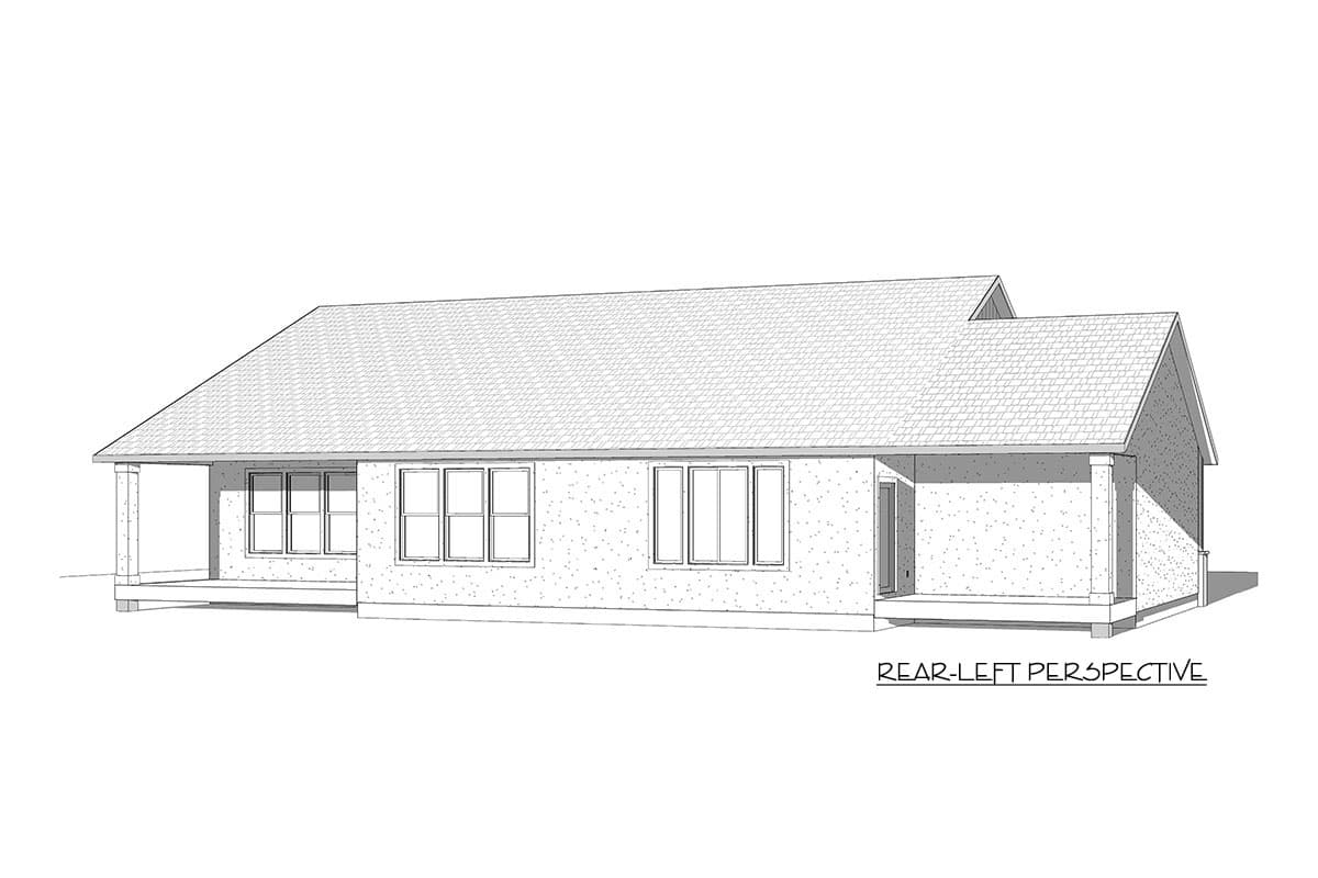House plan exterior, single-story, with a covered porch along the left side, gable roof, and multiple windows.