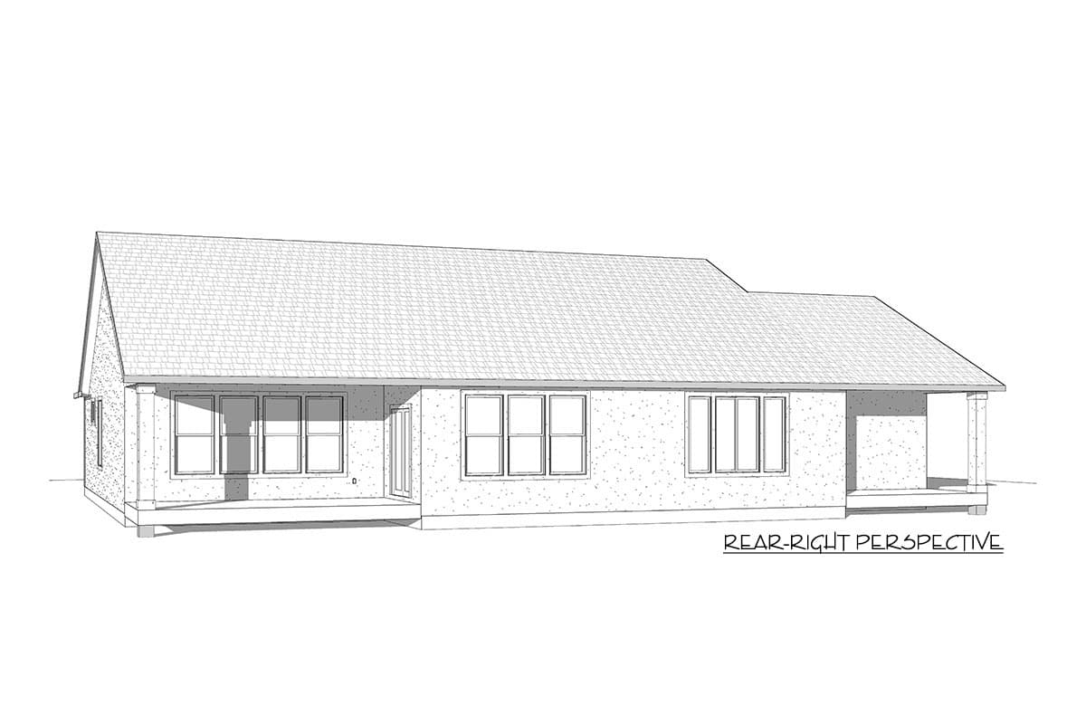 Rear-right perspective of a one-story house plan with a gable roof, covered porch, and multiple windows.