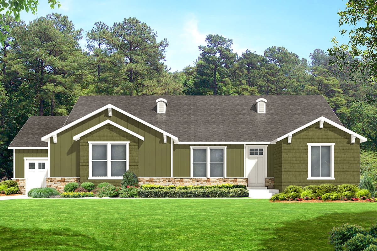 House plan exterior. Ranch style with a single story, featuring gabled roof, dormers, and stone veneer accents on the foundation.