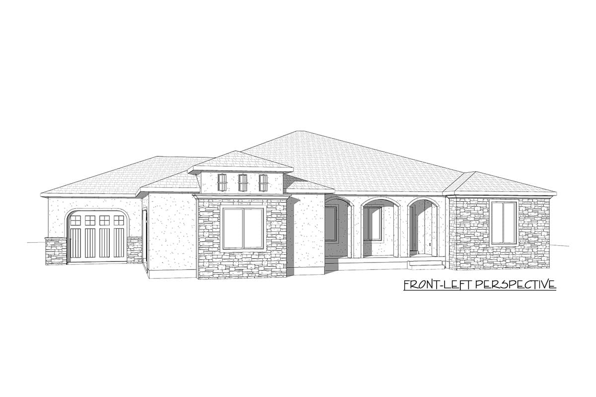 House plan exterior: One-story home with stucco and stone facade, arched entry, and attached garage.