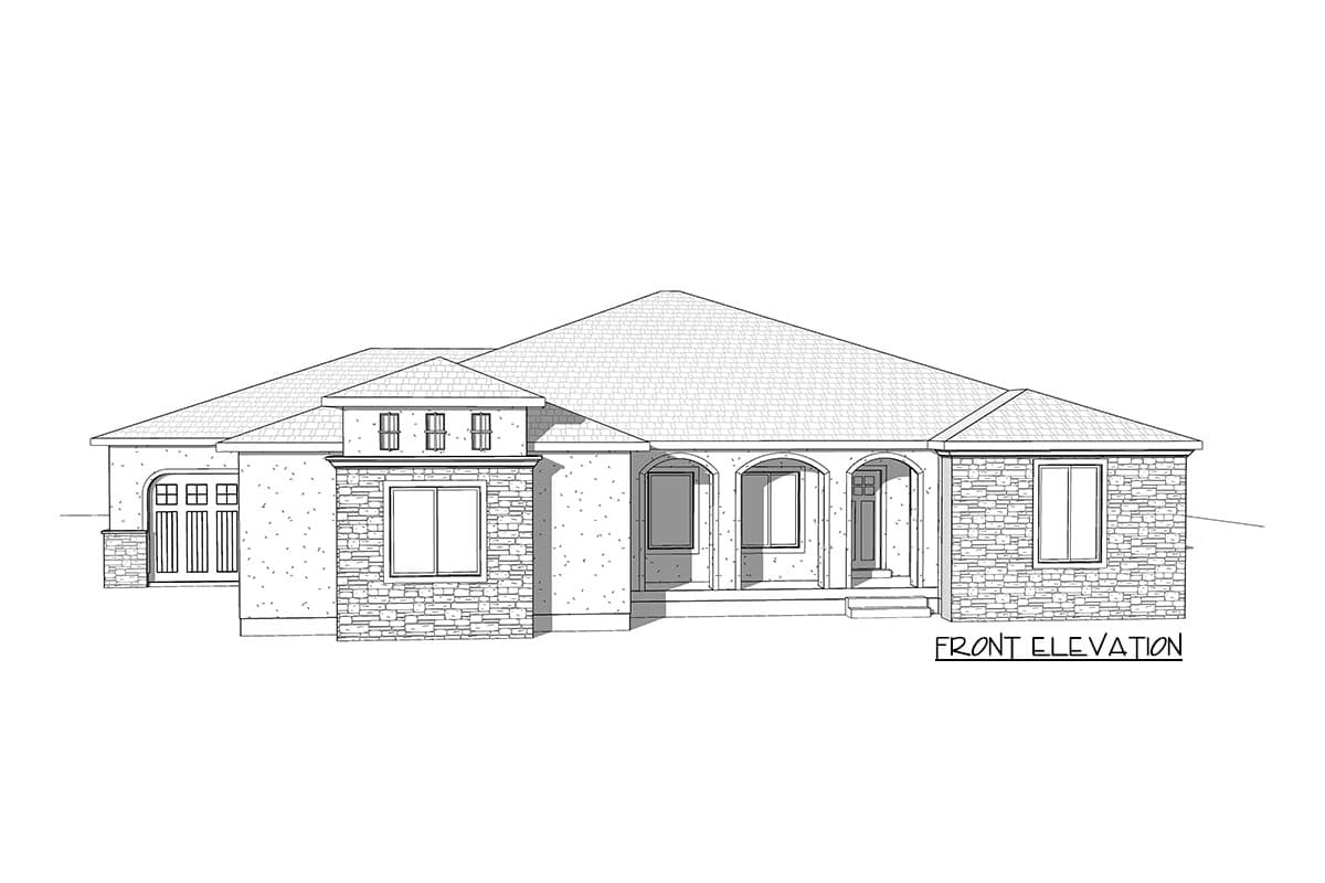 Front elevation drawing of a single-story house plan with a covered entryway, stone accents, and a side-facing garage.